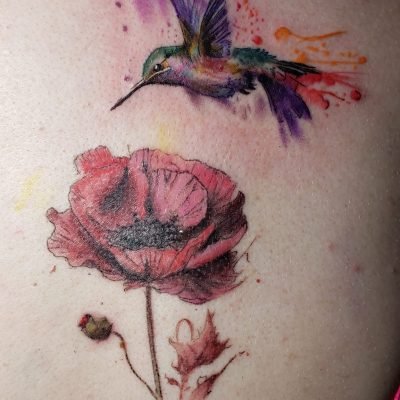 A memorial tattoo for her dad who she called Poppy and her father called her daughter "My little hummingbird".